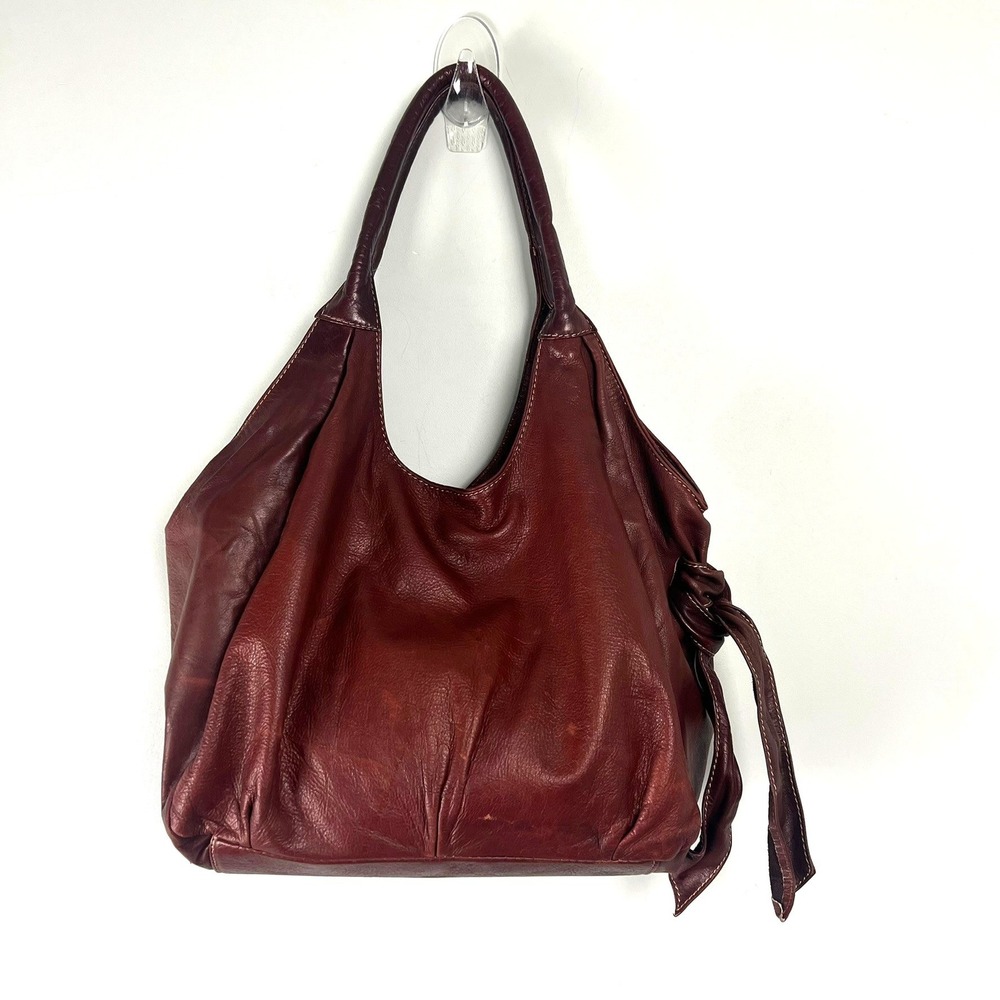 Brown Leather Hobo Shoulder Bag Pleated Slouchy Tote Boho Y2k Academia Retro - Picture 3 of 14